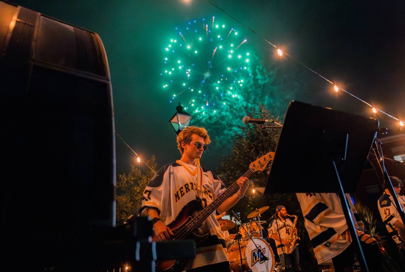 Merrimack band with fireworks