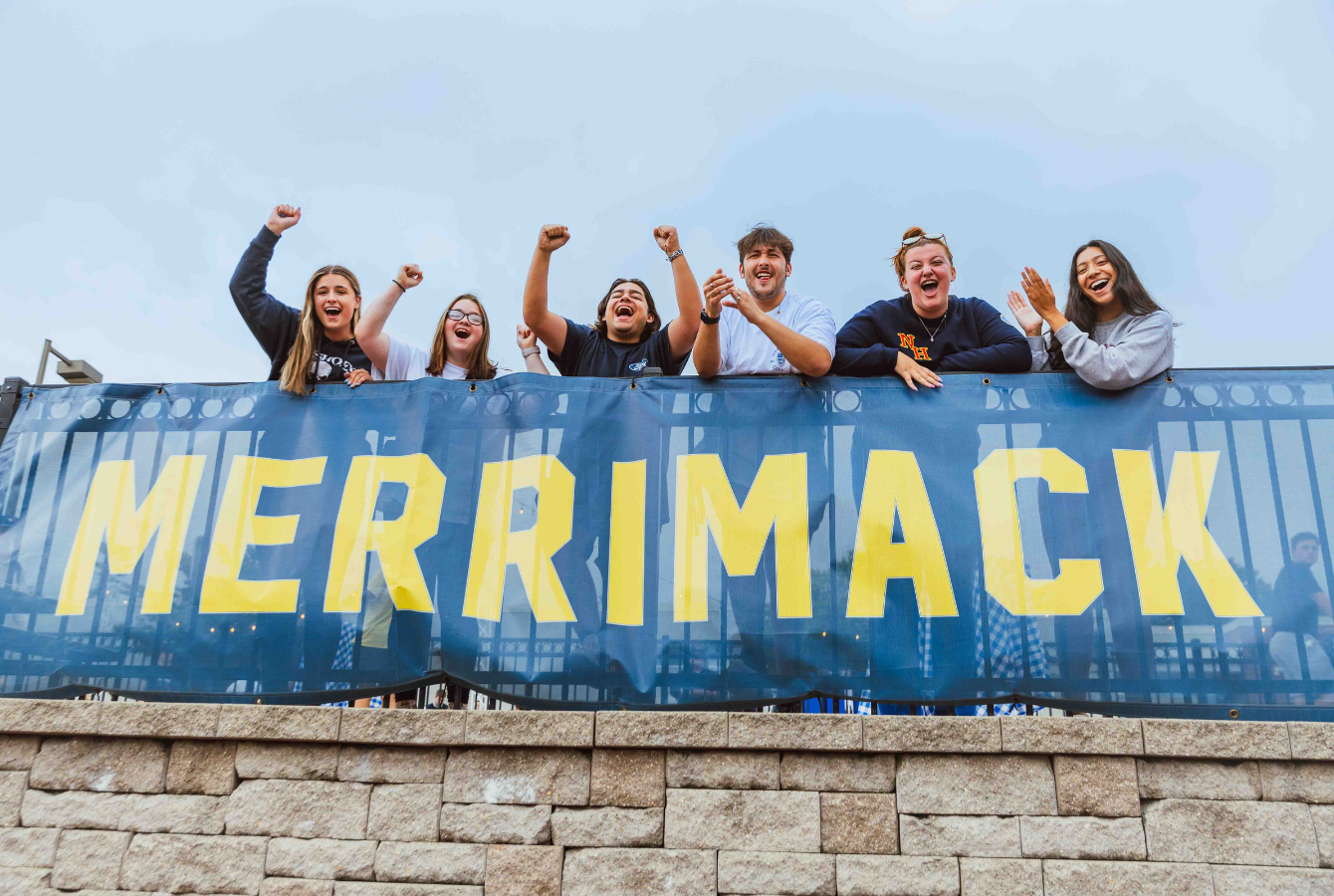 merrimack sign with students